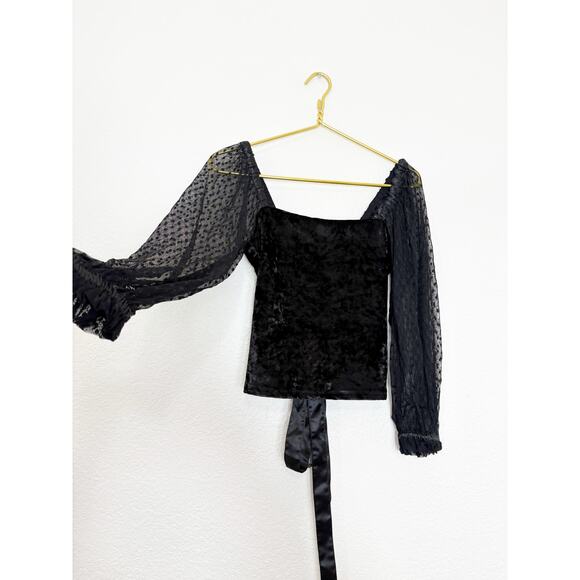 Anthropologie Porridge Black Velvet Lace Up Back Top Small Swiss Dot Puff Sleeve - Picture 10 of 12